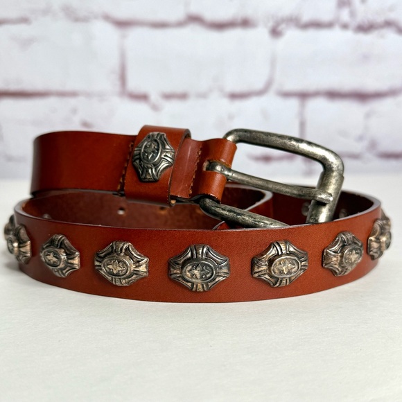 NEIMAN MARCUS Vintage Brown Leather Pewter Coastal Cowgirl Conch Belt Sz Large - Picture 16 of 16